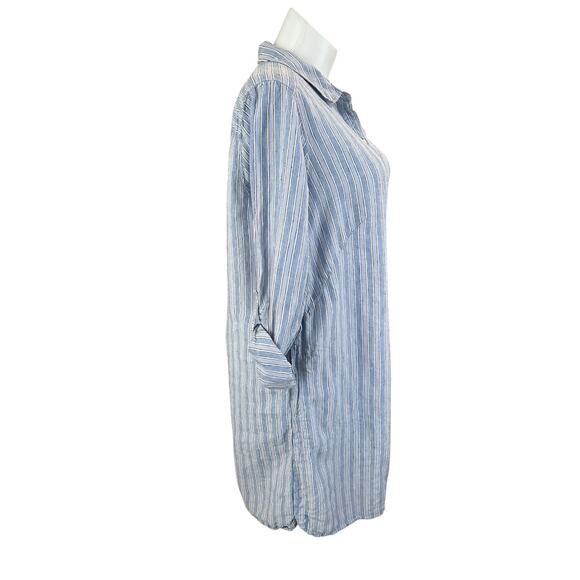 J Jill Love Linen 3X Blue Stripe Roll Tab Sleeve Midi 100% Linen Dress w/Pockets - Picture 3 of 6
